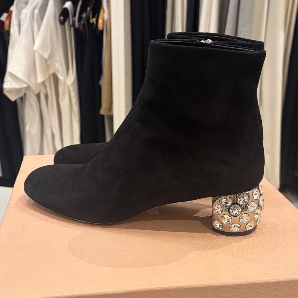 Miu Miu Elegant Black Ankle Boots with Crystal Heel